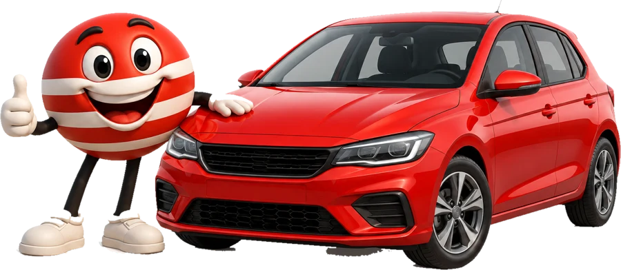 Bravinho, o mascote da Bravax, fazendo joinha com a mão no capô de um carro vermelho