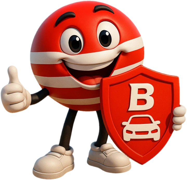 Bravinho, o mascote da Bravax, fazendo joinha e segurando um escudo com um carro
